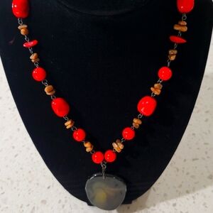 🔴🟤 Handcrafted Red and Brown Beaded Necklace – Unique & Earthy Style